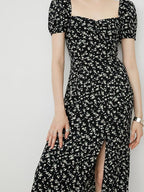 fano Viscose Square Neck Puff Sleeve A Line Casual Black Floral Maxi Dresses