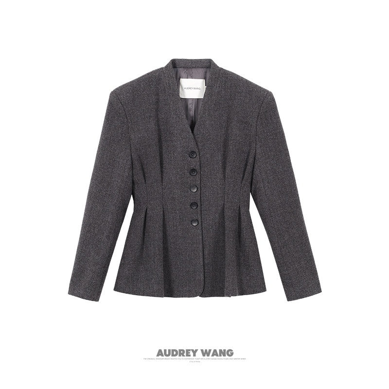 audreyyang_Waist_Cinch_Slim_Casual_V-neck_Single_Breasted_Women_Office_Black_Wool_Coats_MISSTT