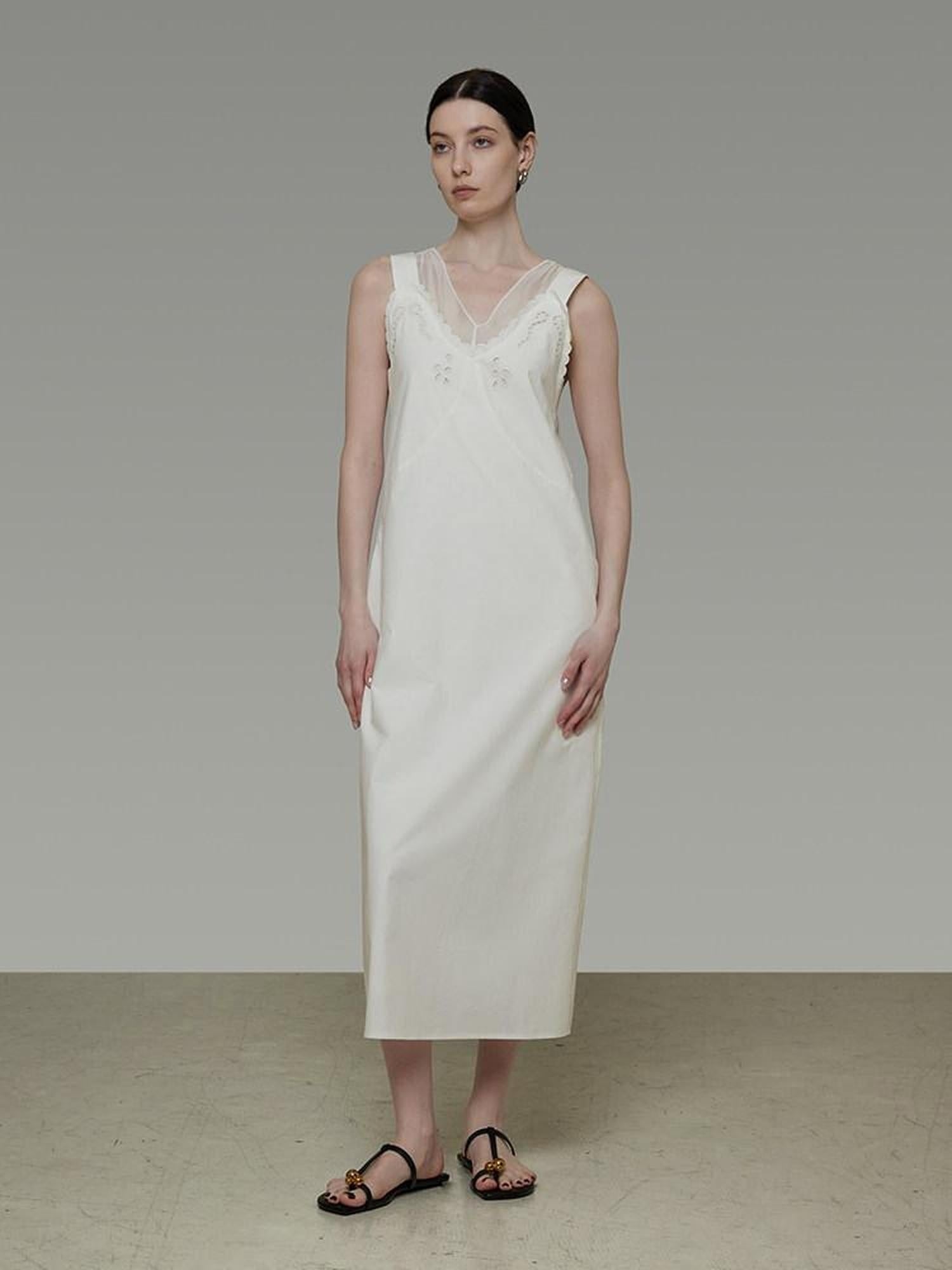 unspoken Soft 100 Percent Cotton Crochet V-neck Sleeveless Office White Maxi Dresses
