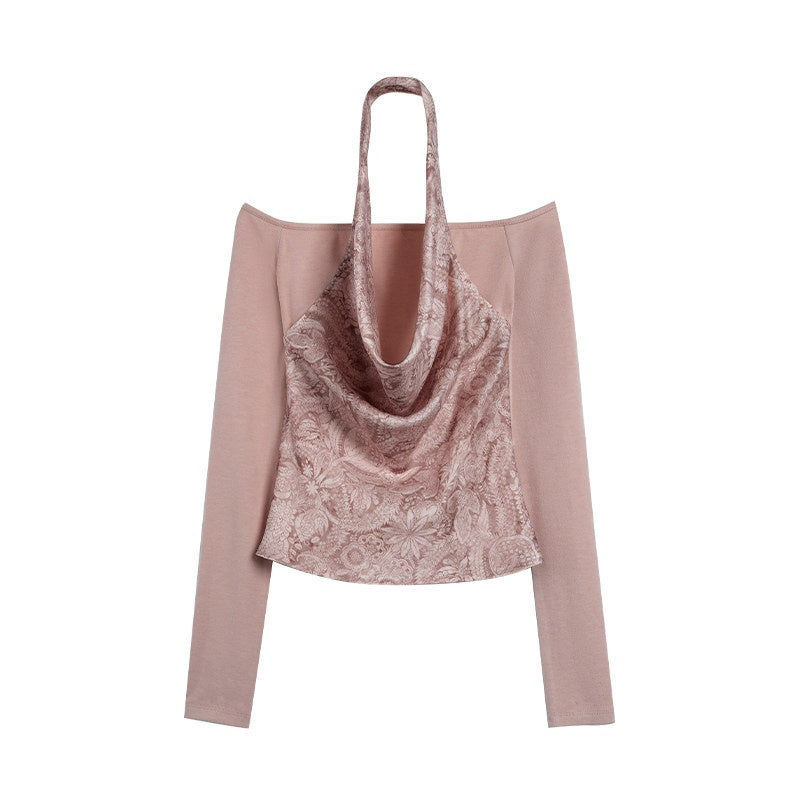someone sometimes Silk Wool Blend Slim Fit Patchwork Knit Women Printed Halter Crop Tops