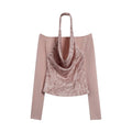 someone sometimes Silk Wool Blend Slim Fit Patchwork Knit Women Printed Halter Crop Tops