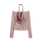 someone sometimes Silk Wool Blend Slim Fit Patchwork Knit Women Printed Halter Crop Tops