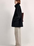 fano Double Breasted Stand Collar Commuter Loose Fit Women Black Pocket Wool Coats