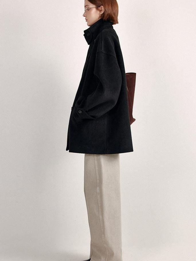 fano Double Breasted Stand Collar Commuter Loose Fit Women Black Pocket Wool Coats