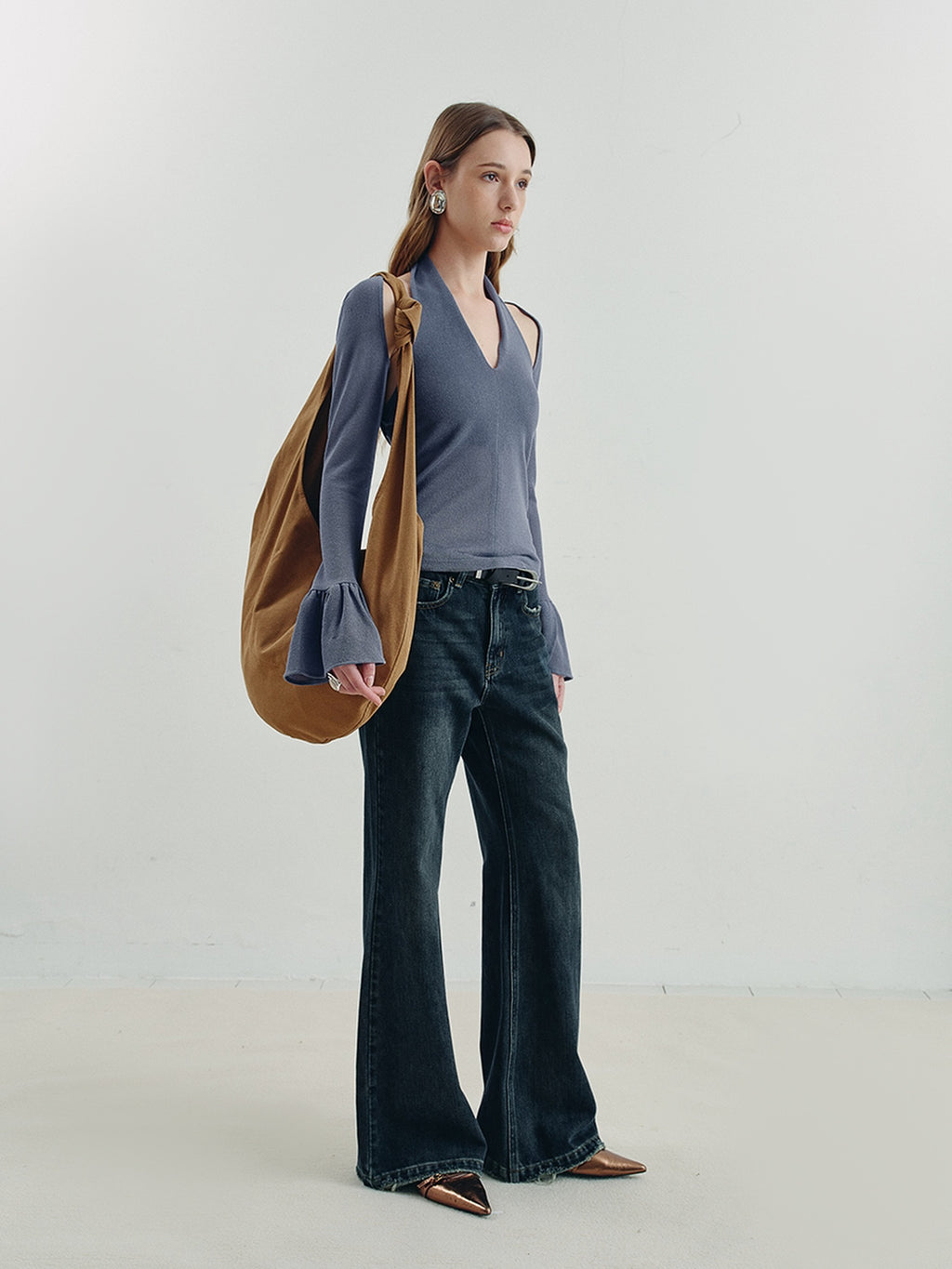 someonesometimes Vintage Washed Low Rise Distressed Denim Stretch Women Deep Indigo Flared Jeans