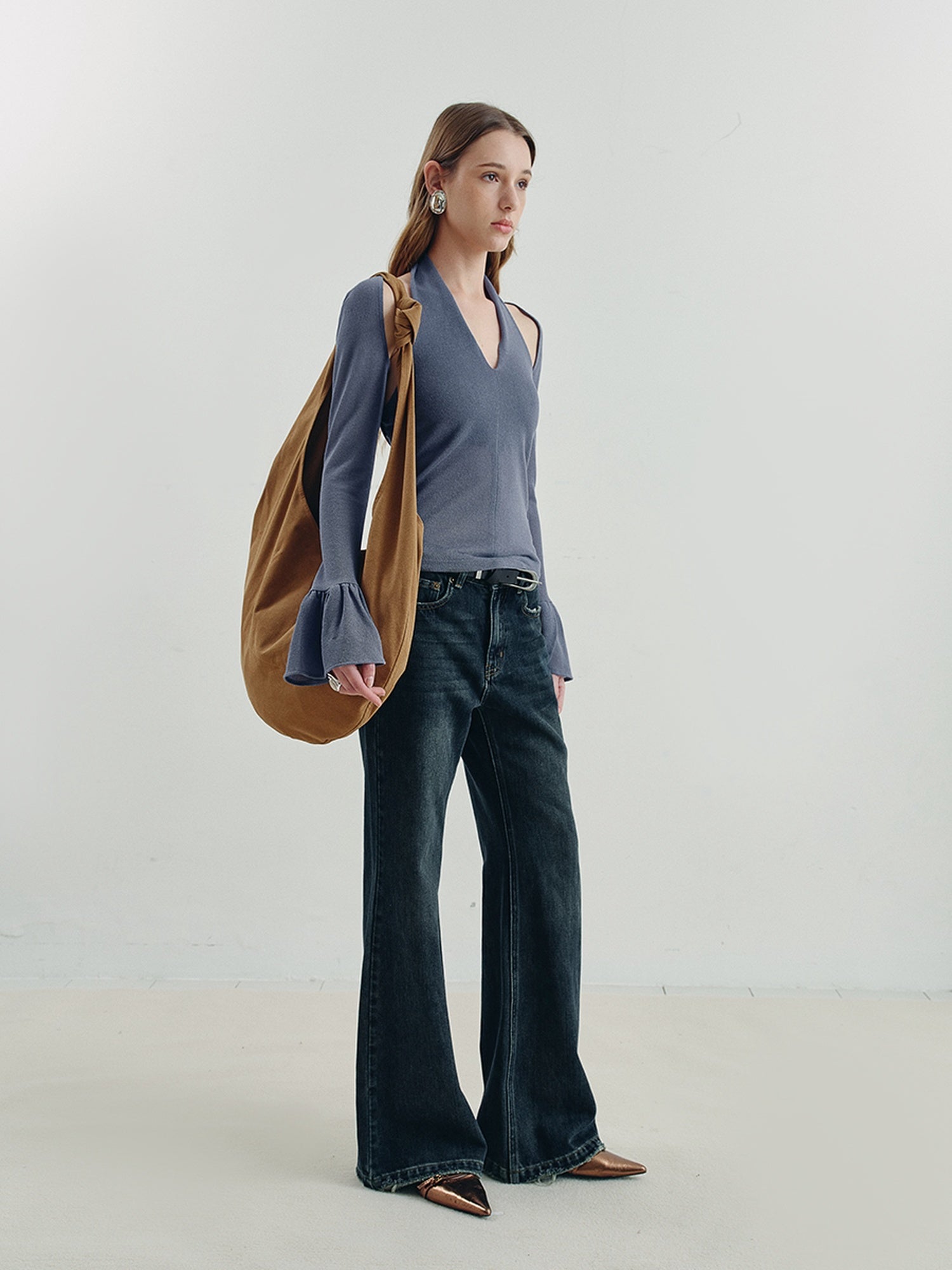 someonesometimes Vintage Washed Low Rise Distressed Denim Stretch Women Deep Indigo Flared Jeans