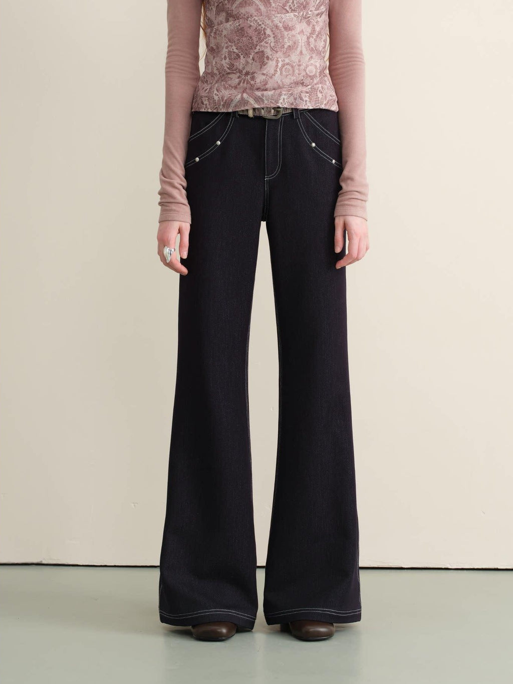 someone sometimes Stretch Minimal Natural Waist Topstitch Detail Women Midnight Blue Flared Jeans