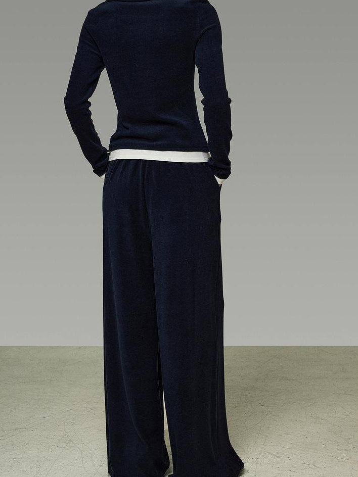 unspoken Breathable Slim Fit V-neck Knit Three Piece High Waist Navy Women Lounge Sets