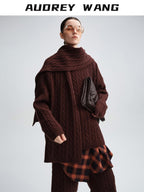 audreyyang 100 Percent Sheepswool Thick Vintage Loose Built In Scarf Women Knit Sweaters