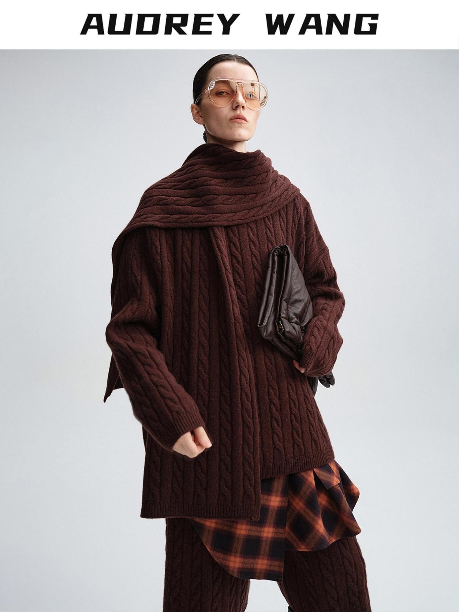 audreyyang 100 Percent Sheepswool Thick Vintage Loose Built In Scarf Women Knit Sweaters