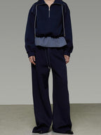 unspoken Breathable Soft Cotton Minimal Mid Rise Drawstring Navy Women Wide Leg Pants