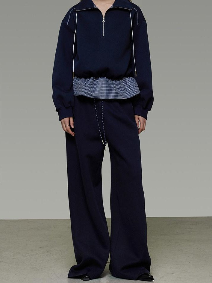 unspoken Breathable Soft Cotton Minimal Mid Rise Drawstring Navy Women Wide Leg Pants