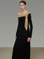 Breathable Lyocell Knit Slim A Line Waist Cinch V-neck Black Ladies Maxi Dresses