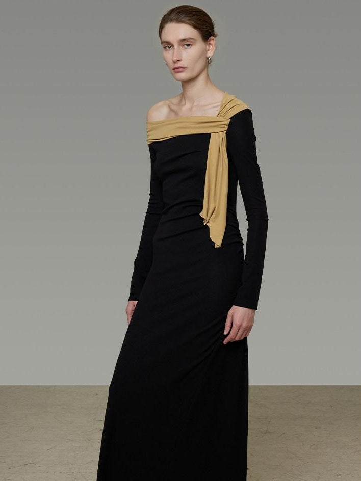 unspoken Breathable Lyocell Knit Slim A Line Waist Cinch V-neck Black Ladies Maxi Dresses