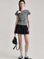 fano Soft Cotton Spandex Korean Patchwork Slim Womens Bow Neck Short Sleeve T-Shirts