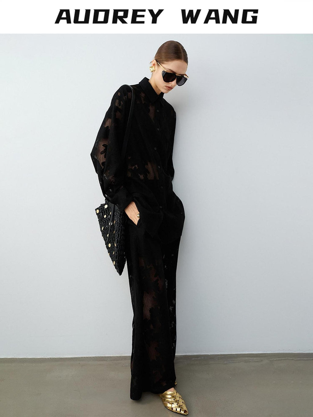 audreyyang Lightweight Shape Retention Lace Polo Loose Fit Women Cotton Top & Pants Sets