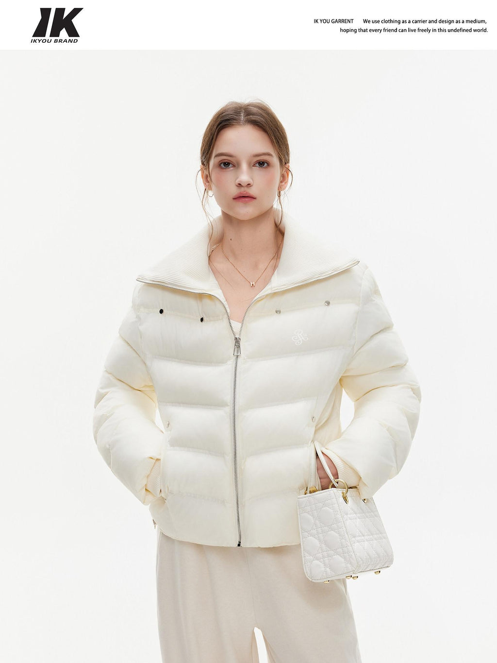 ikyou Warm Thick Commuter Loose Pocket Embroidery Zipper White Padded Puffer Jackets