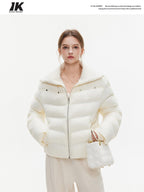 ikyou Warm Thick Commuter Loose Pocket Embroidery Zipper White Padded Puffer Jackets