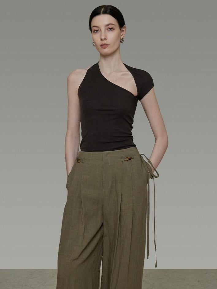 unspoken Soft Lyocell Asymmetric Neck Fitted Stone Green Off Shoulder Crop Tops