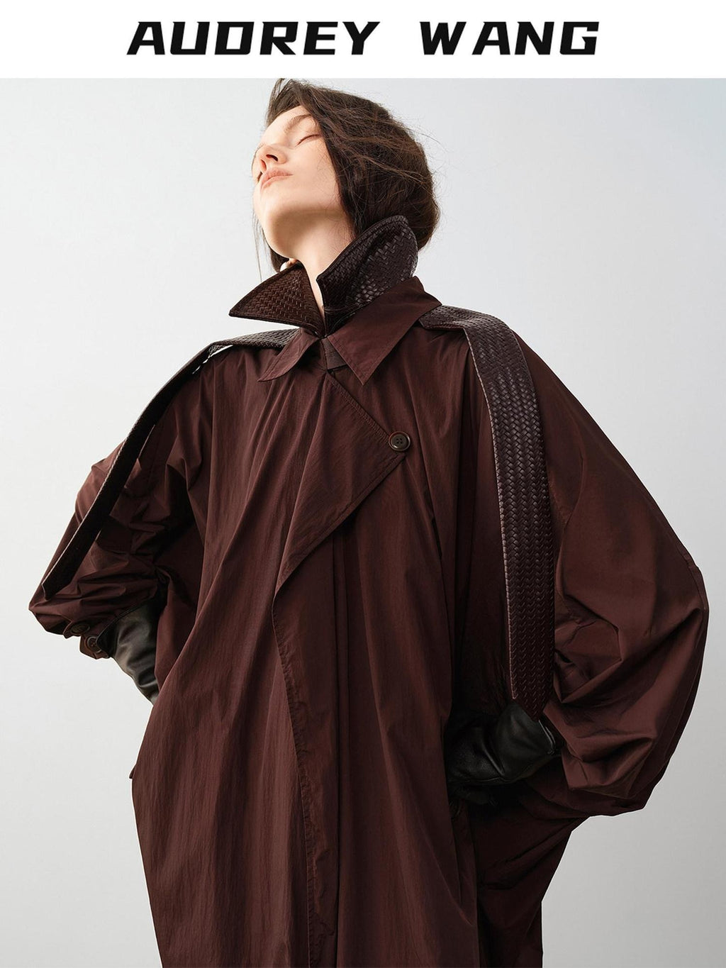 audreyyang Long Polyamide Patchwork Trench Decorative Tabs Women Black Trench Coats