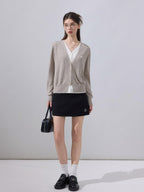 ikyou Soft Wool Blend Preppy V-neck Layered Women Khaki Knit Long Sleeve Cardigans