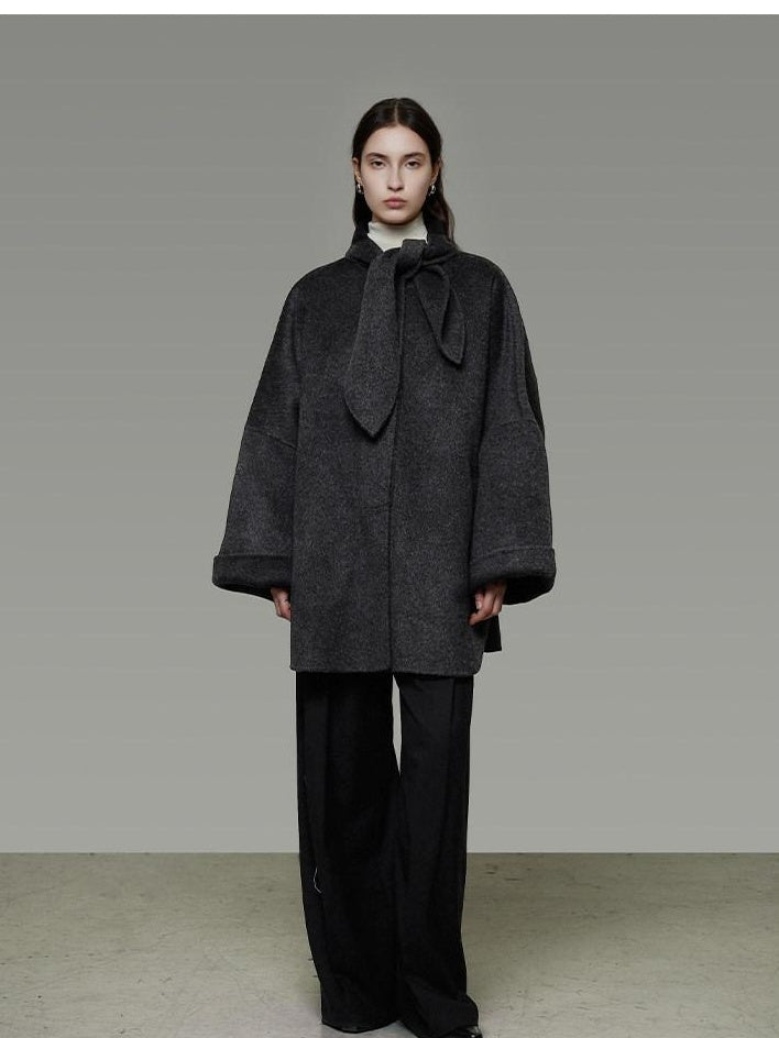 unspoken 100% Sheep Wool Relaxed Fit 3D Tailoring Commuter Women Deep Gray Wool Coats