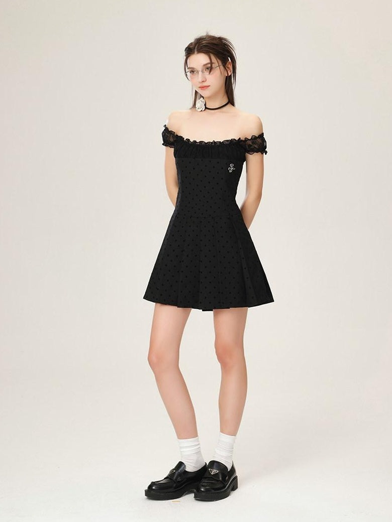 ikyou Waist Defining Lace Minimalist Off Shoulder A Line Black Midi Dresses