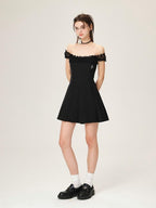 ikyou Waist Defining Lace Minimalist Off Shoulder A Line Black Midi Dresses