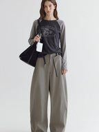 fano High Waist Cotton Pocket Loose Commuter Ladies Gray Green Wide Leg Pants