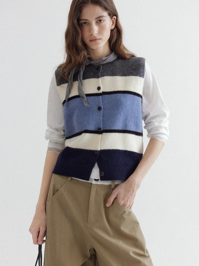 fano Warm Korean Commuter Straight Stripe Round Neck Women Acrylic Cardigans