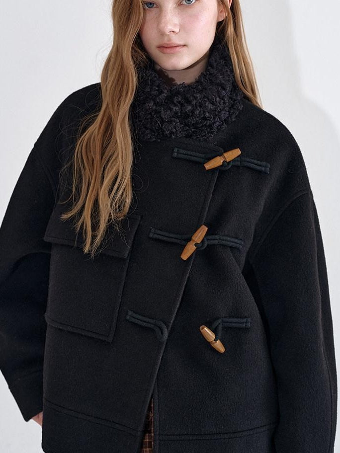 fano Soft Wool Blend Korean Oversized Lapel Collar Women Office Black Solid Short Coat