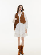 ikyou Versatile Cropped V-neck Distressed 3D Short Button Women Brown Vests