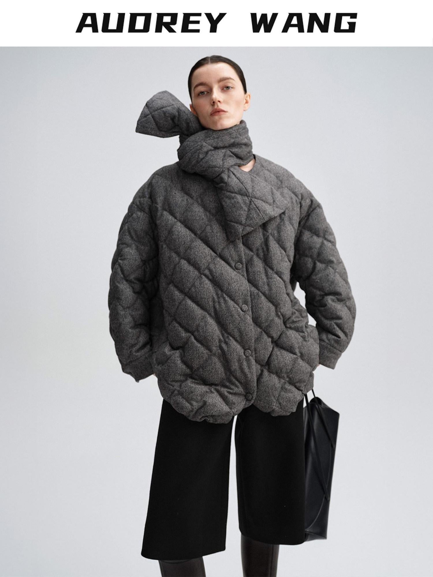 audreyyang 90 Percent Duck Down Warm Mid Length Diamond Quilt Wool Loose Women Down Jackets