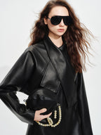 audreyyang Sheepskin Leather Cinched Waist French Tie Neck A Line Work Date Midi Dresses