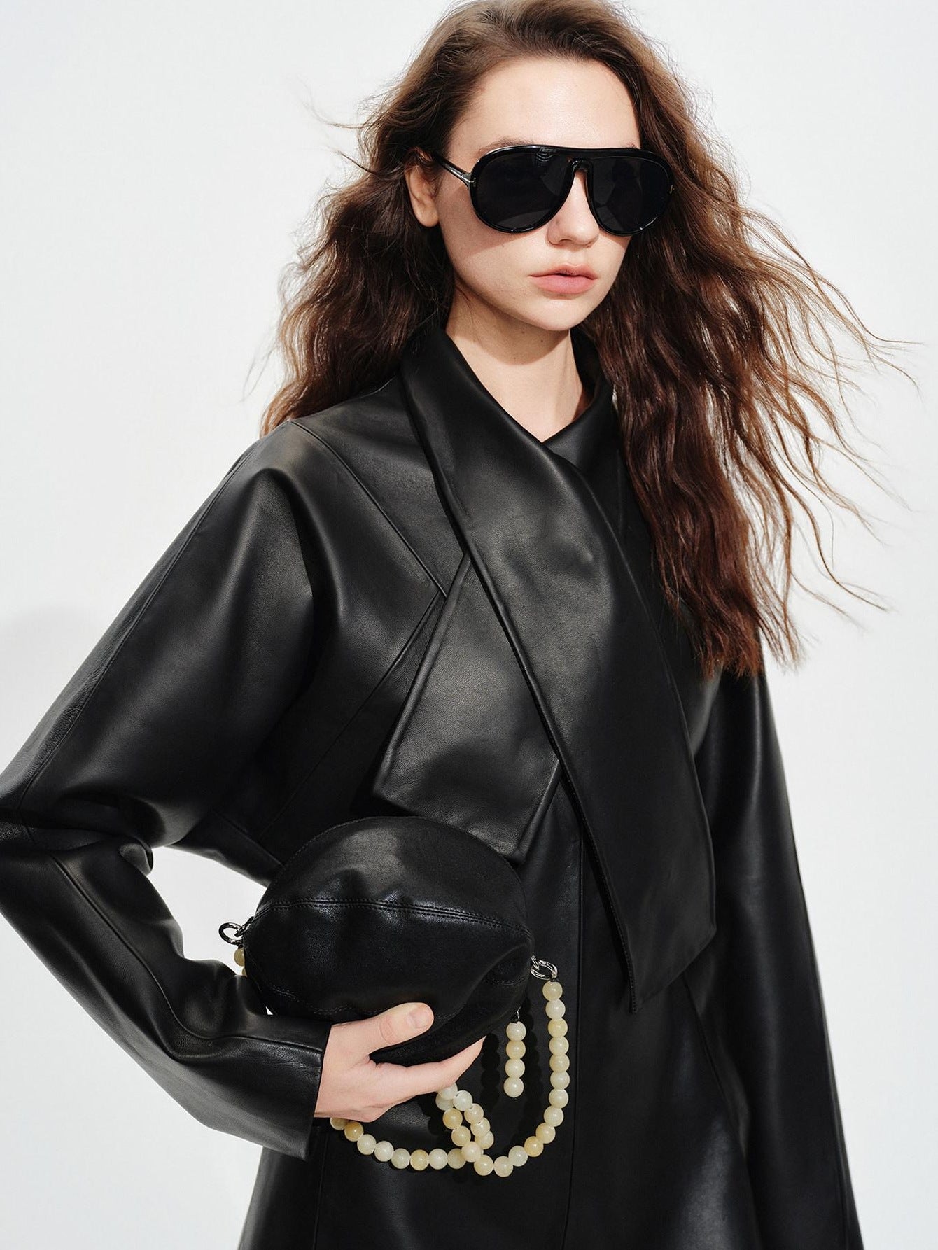 audreyyang Sheepskin Leather Cinched Waist French Tie Neck A Line Work Date Midi Dresses