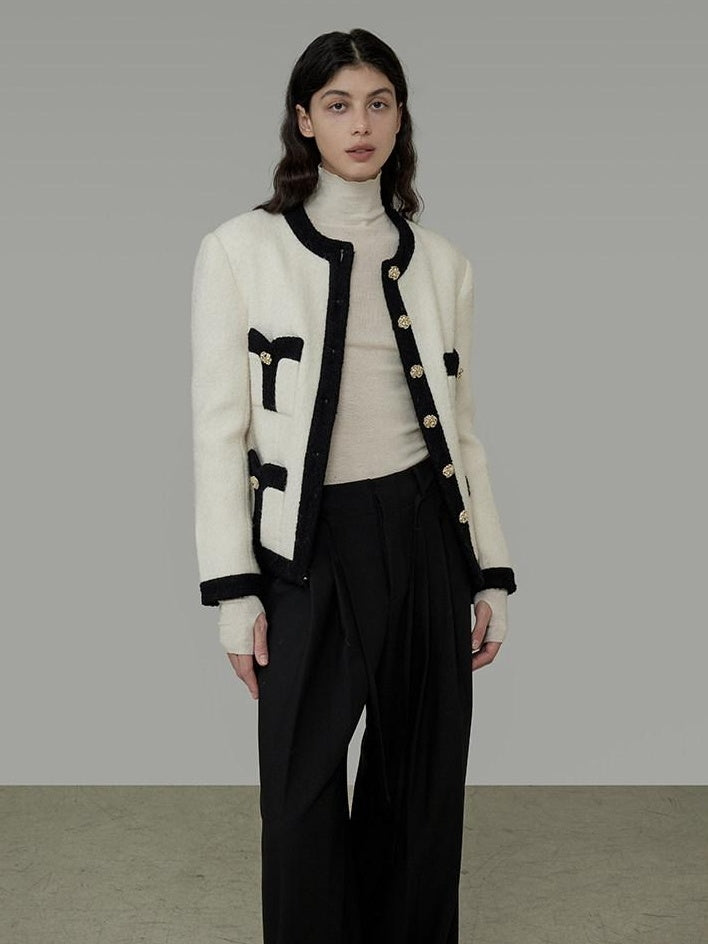 unspoken Black White Colorblock Office Loose Cropped Round Neck Buttoned Knit Cardigans