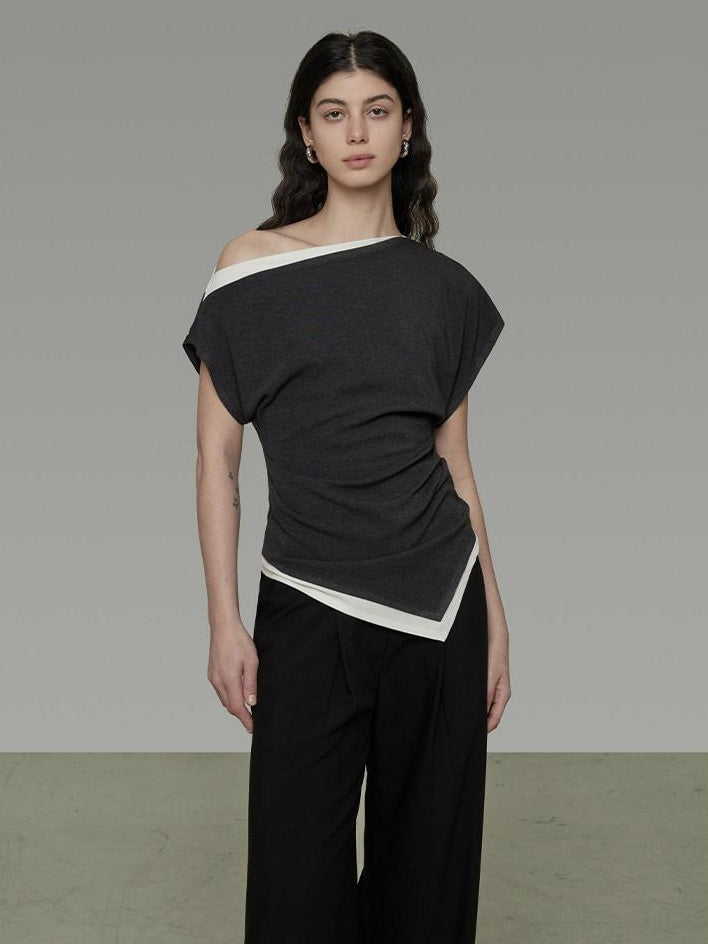 unspoken Slim Fit Colorblock Short Sleeve Pullover Slanted Collar Office Rayon Blouses