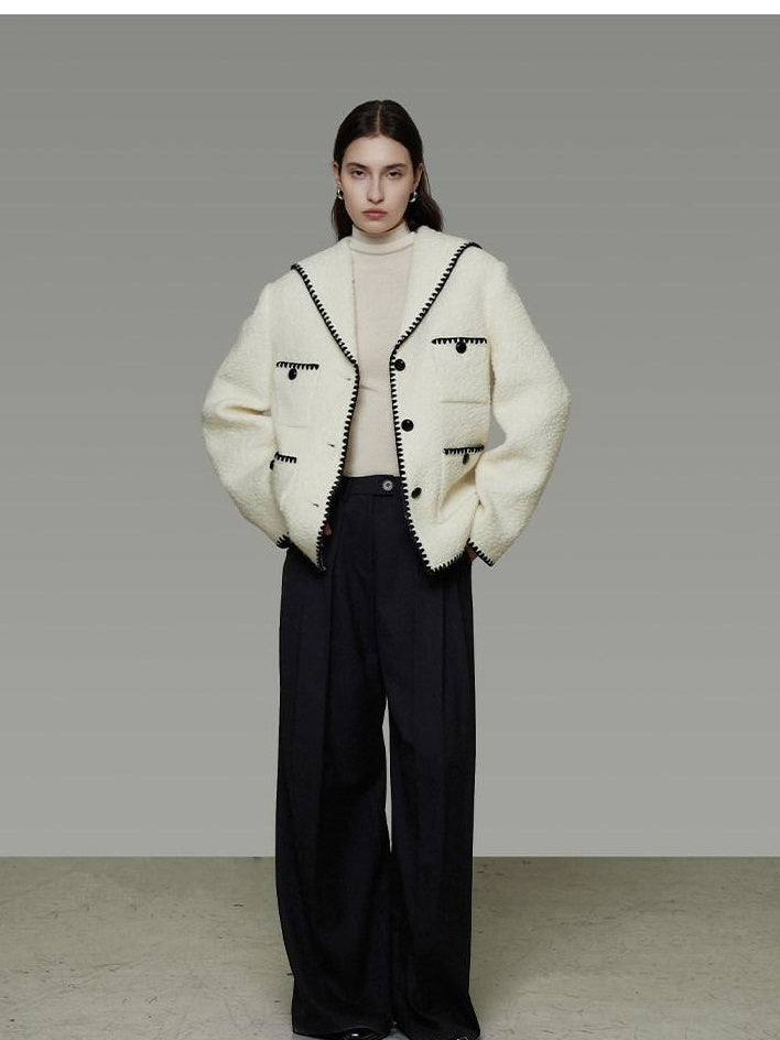 unspoken Lambswool Blend Tailored Loose Minimal Notch Collar Officewear Women Wool Coats