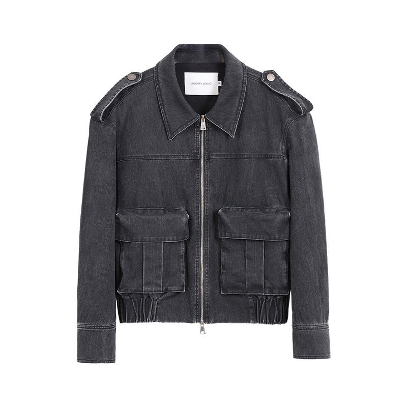 audreyyang_Cotton_Loose_Commuter_Lapel_Zipper_Long_Sleeve_Women_Ash_Gray_Cropped_Jackets_MISSTT