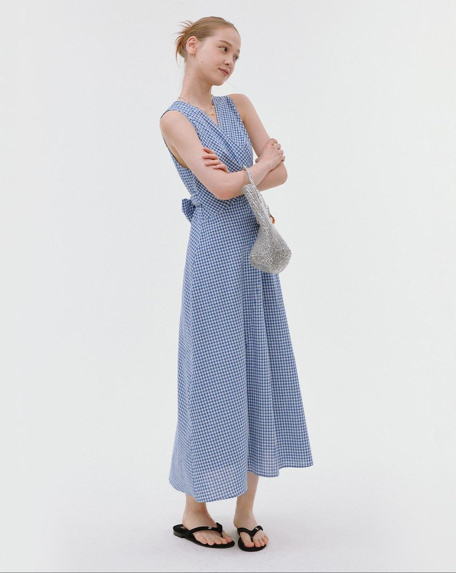fano Pure Cotton Sleeveless V-neck A Line Office Casual Women Blue Midi Dresses
