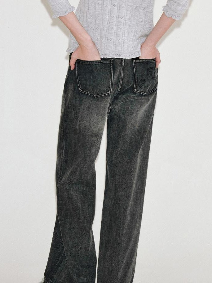 fano Washed Vintage Cotton Mid Rise Nonstretch Youth Charcoal Straight Leg Jeans