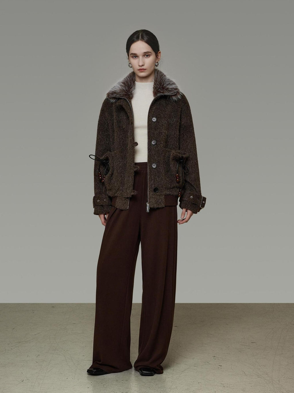unspoken Faux Fur Collar Loose Fit Structured Tailored High Waist Women Brown Short Coat