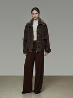 unspoken Faux Fur Collar Loose Fit Structured Tailored High Waist Women Brown Short Coat