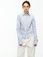 ikyou Shape Retention Slim Fit Pleated Embroidered Plaid Collared Long Sleeve Shirts