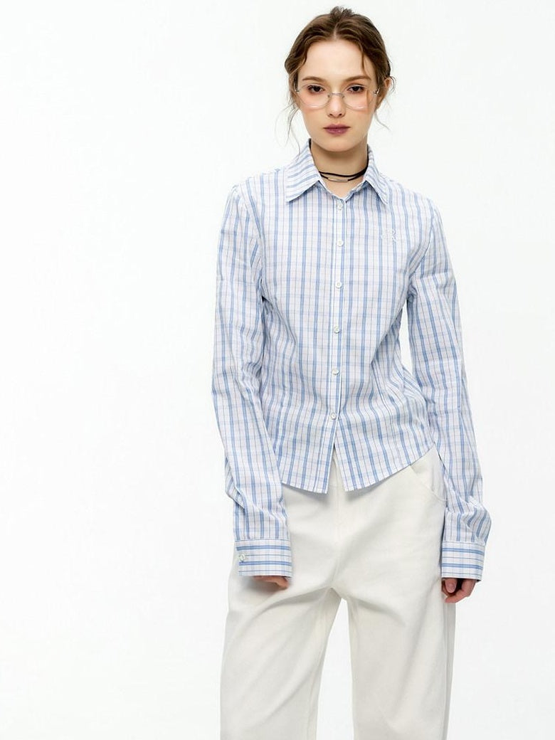 ikyou Shape Retention Slim Fit Pleated Embroidered Plaid Collared Long Sleeve Shirts