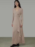 unspoken Lyocell V-neck High Waist Zip Longsleeve Pink Slim Knit Maxi Dresses