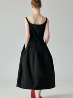 fano Pure Cotton U Neck Sleeveless A Line Korean Office Dress Women Black Maxi Dresses
