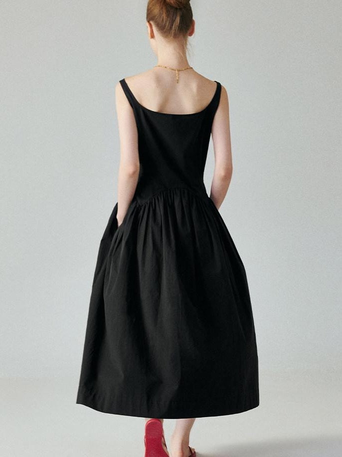 fano Pure Cotton U Neck Sleeveless A Line Korean Office Dress Women Black Maxi Dresses