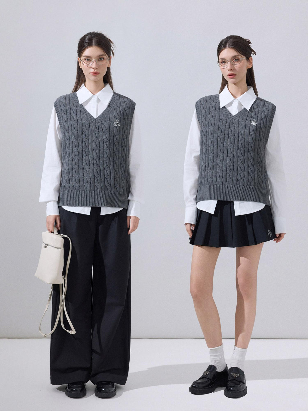 ikyou Lightweight Embroidered V-neck Cropped Preppy Girls Cotton Grey Sweaters