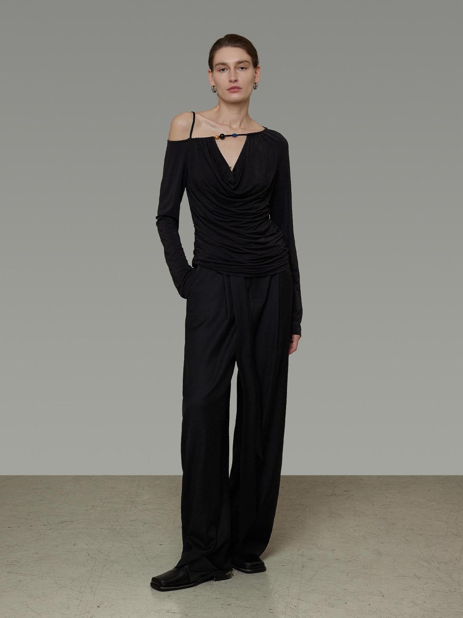 unspoken Breathable Viscose Blend Minimal Commuter Loose Asymmetric Shoulder Knit Sweaters